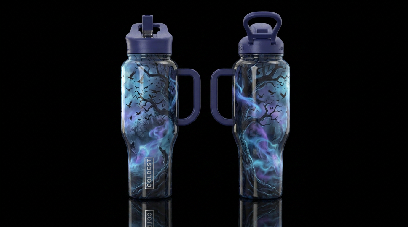 magical, fantasy, dark mood, trees, birds, fog wit... water bottle design