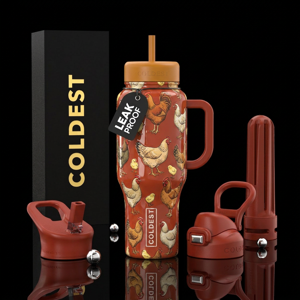 Glossy cup with Cute old timey chicken pattern wit... water bottle design