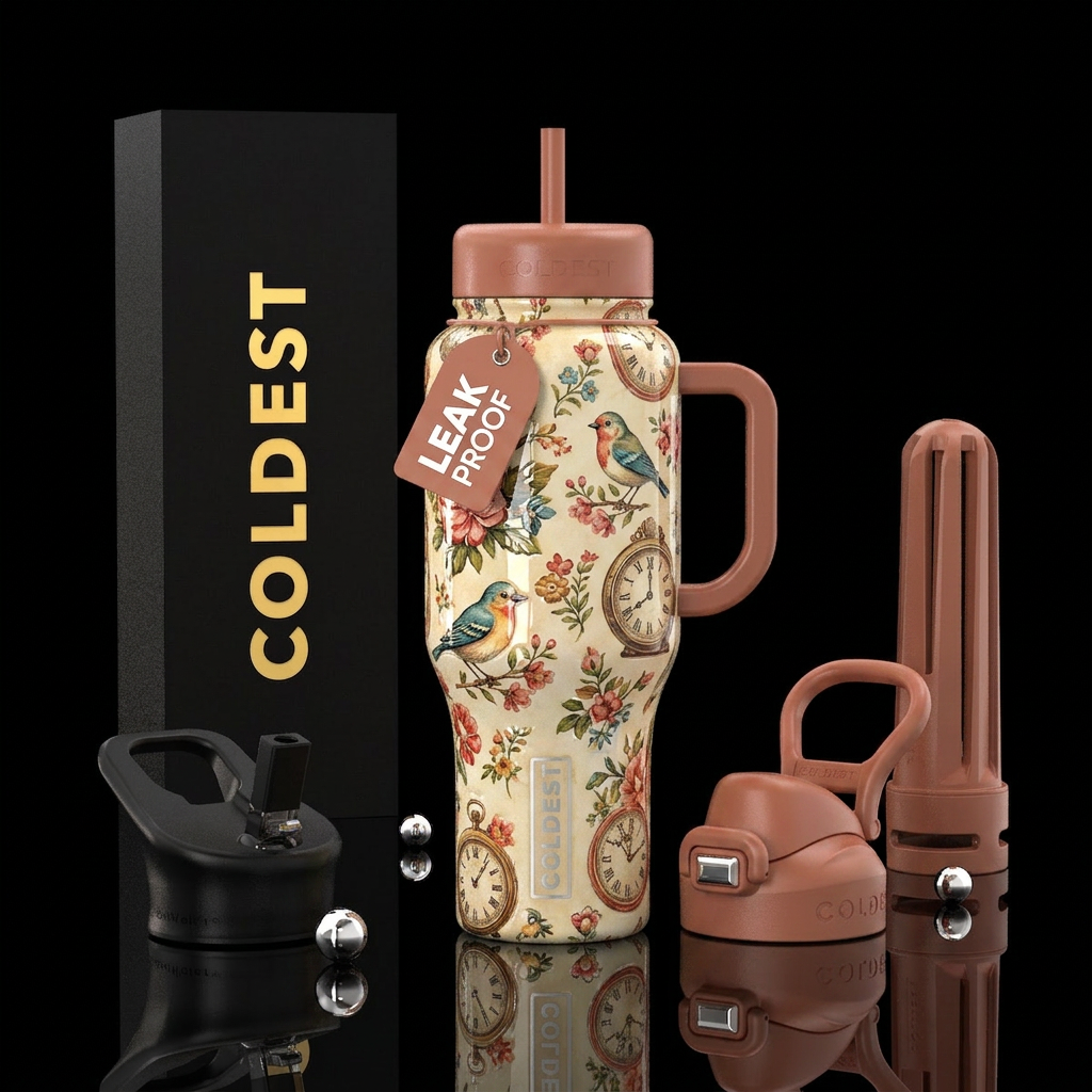 Glossy cup with Cute old timey pattern with slight... water bottle design