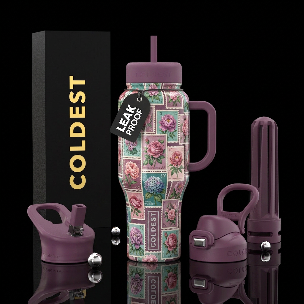 Glossy cup with pretty vintage flower postage stam... water bottle design