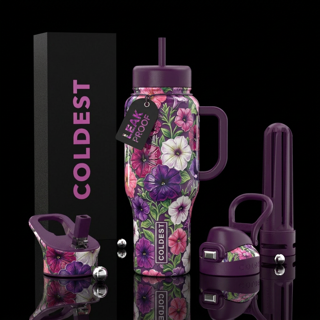 Glossy cup with pretty petunia pattern with slight... water bottle design