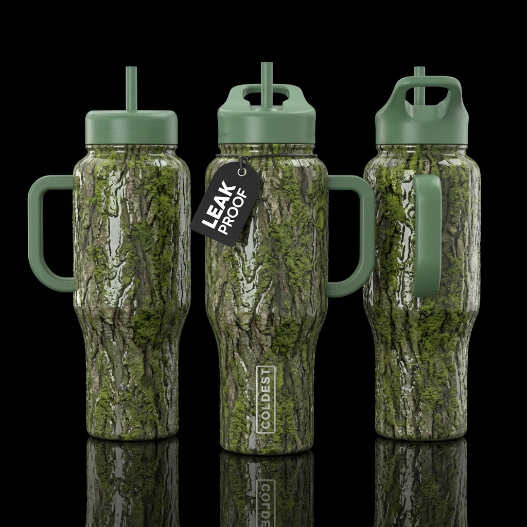 Glossy cup with realistic tree moss and bark patte... water bottle design