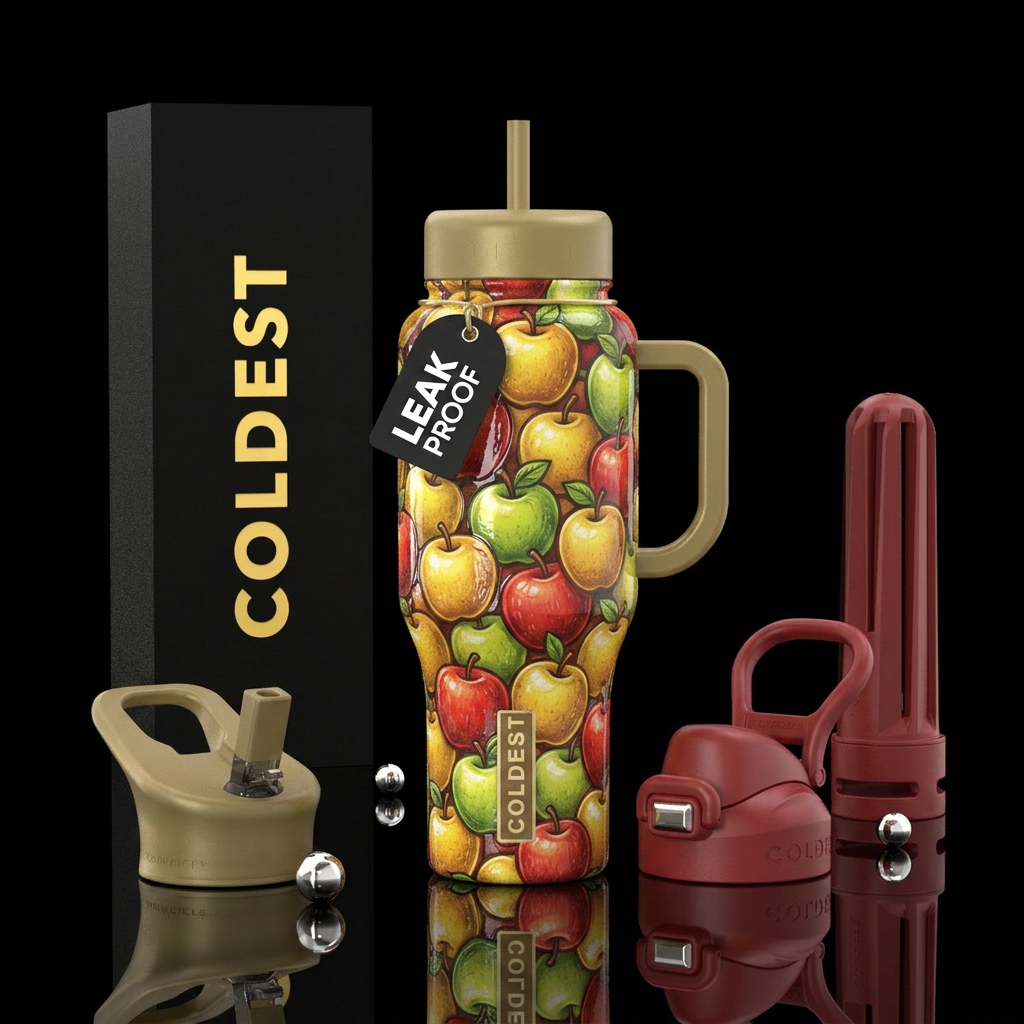 Glossy cup with pretty cute gold green and red app... water bottle design