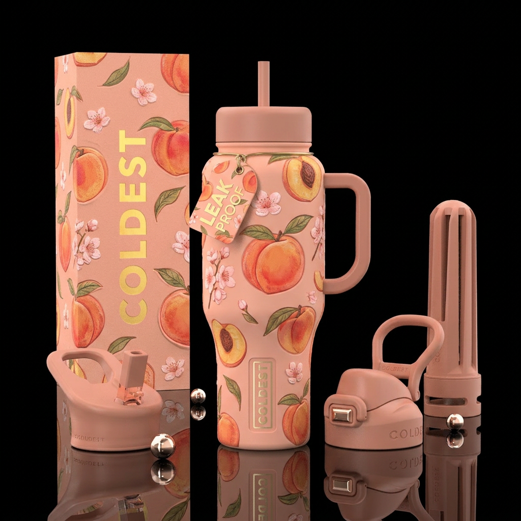 Silicone cup with pretty cute peach pattern with s... water bottle design