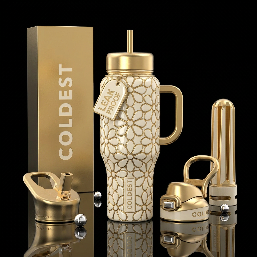 Cups made of polished cream white tiles in flower ... water bottle design