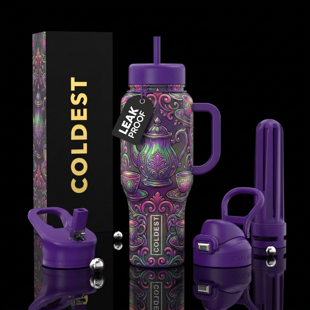 Glossy Cup with Victorian style tea set pattern wi... water bottle design