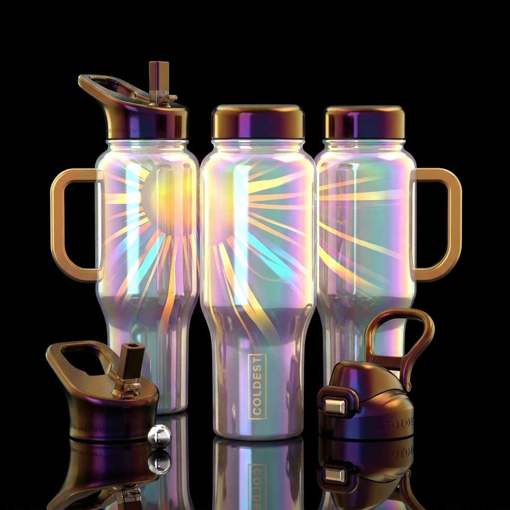 Glossy iridescent Bottle with trapped colorful sun... water bottle design