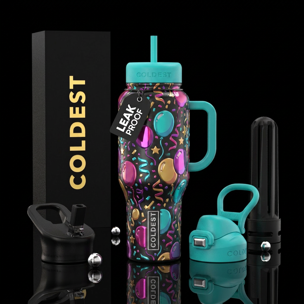 Party theme pattern with slightly raised glossy te... water bottle design
