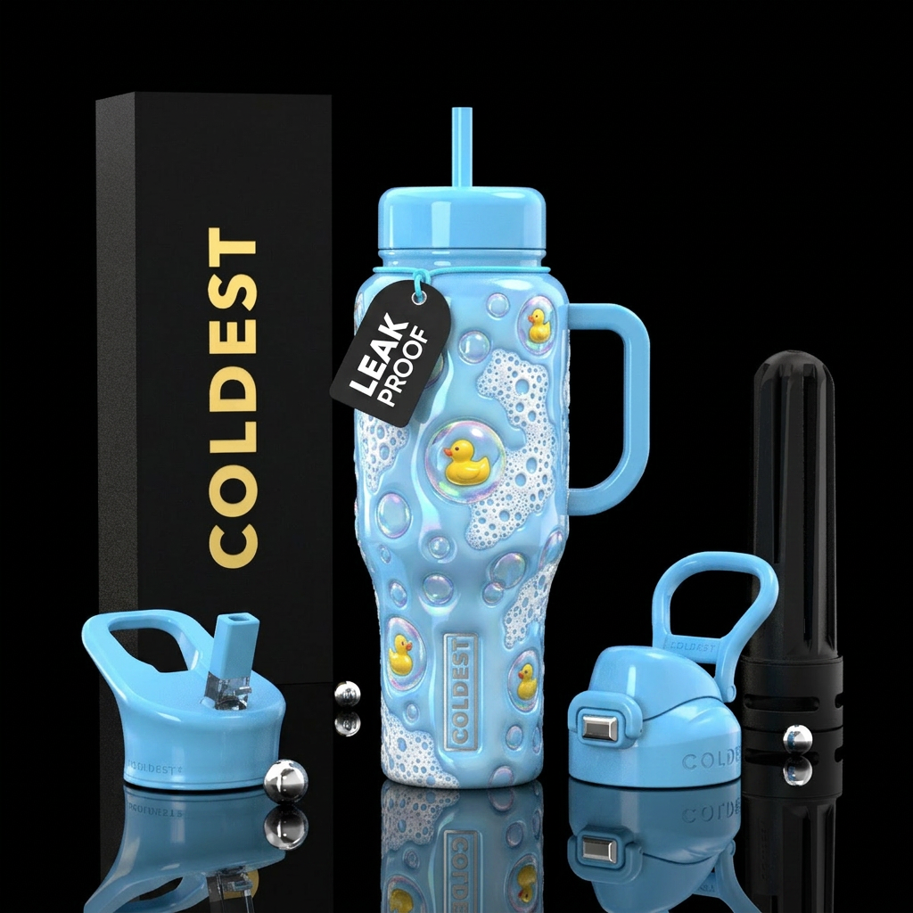 Glossy light blue bottle with Iridescent bubbles w... water bottle design
