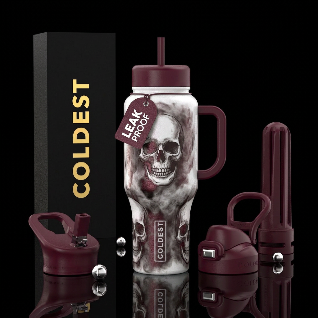 White cup with red shimmer with skulls drawn in so... water bottle design