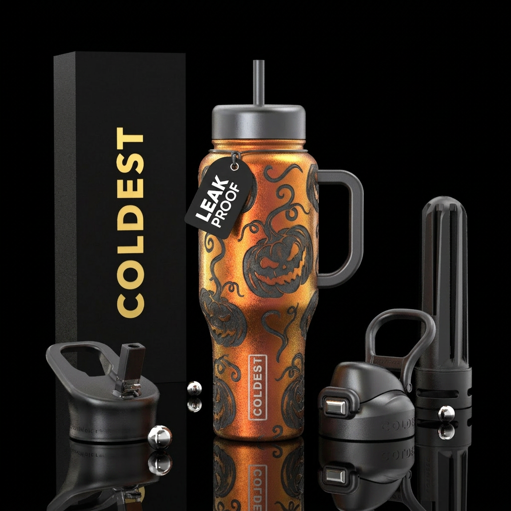 cup with Iridescent orange shimmer with curly stem... water bottle design