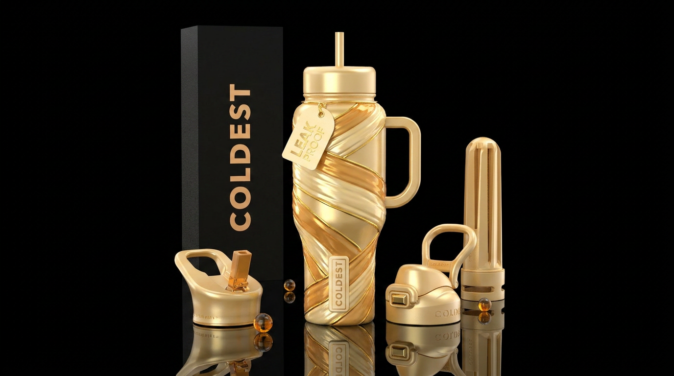 Glossy Cup wrapped in shiny thick gold cream and h... water bottle design