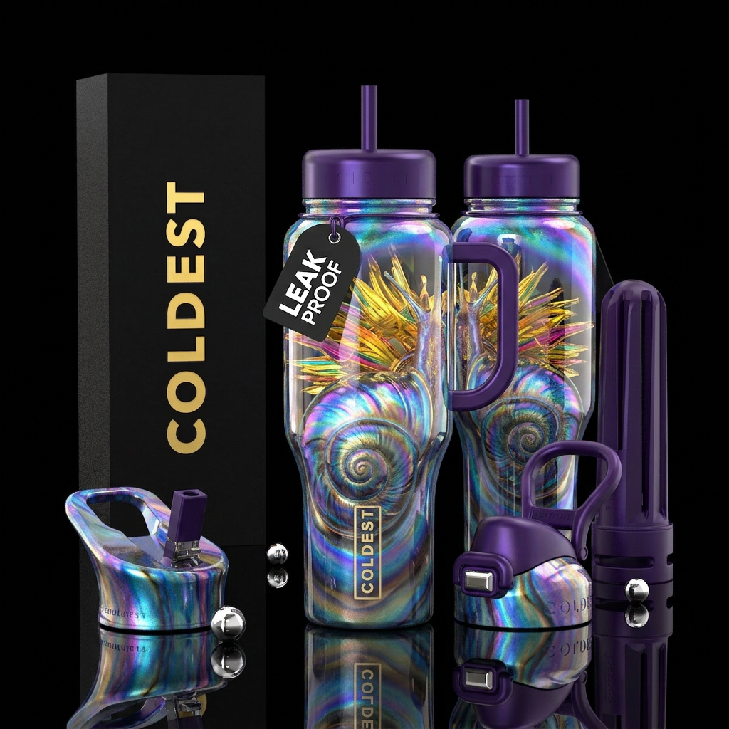 Glossy iridescent snail Bottle with trapped colorf... water bottle design
