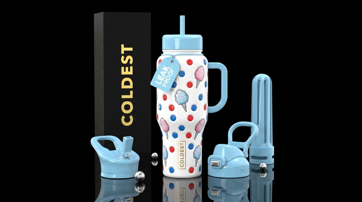 Glossy white with red and blue polka dots iridesce... water bottle design
