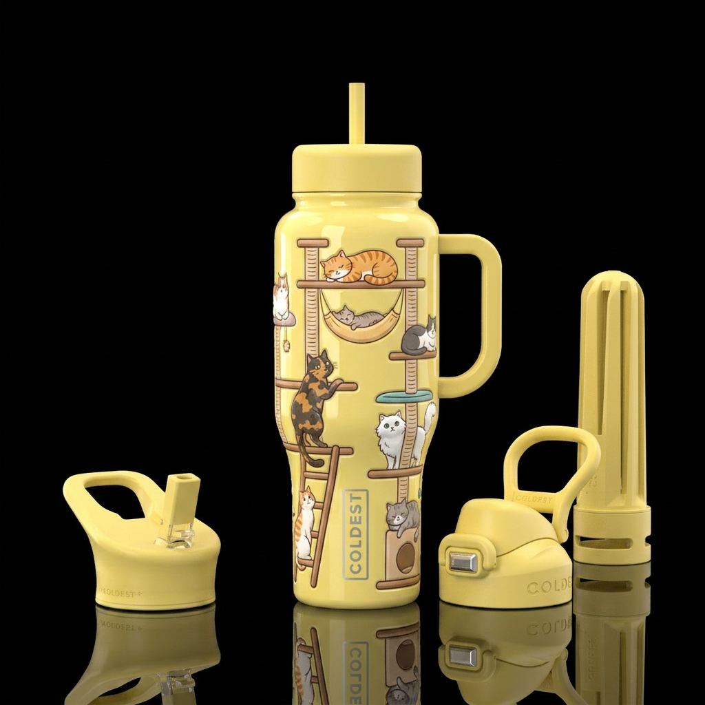 Glossy Butter yellow cup with cute colorful cat tr... water bottle design