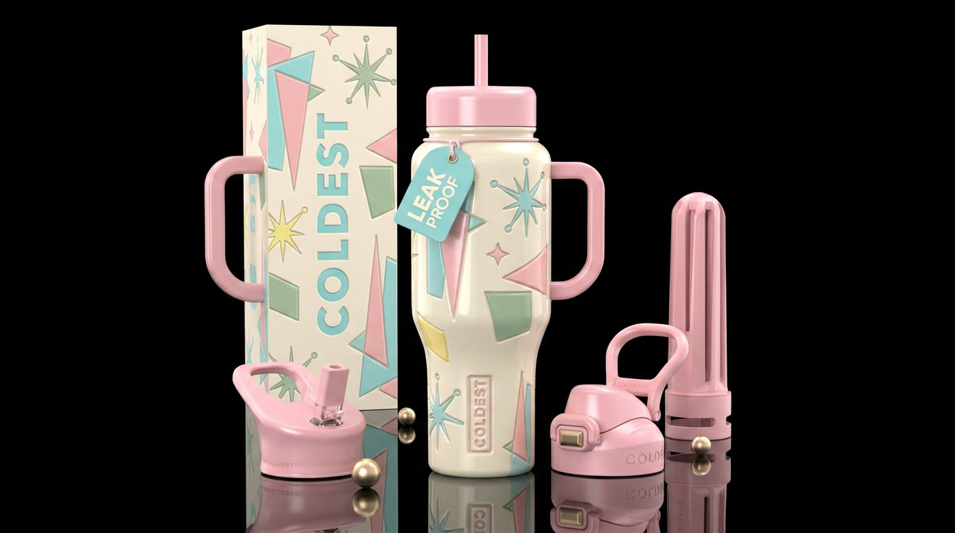 Glossy bottle with 1950s dinner style design in pa... water bottle design
