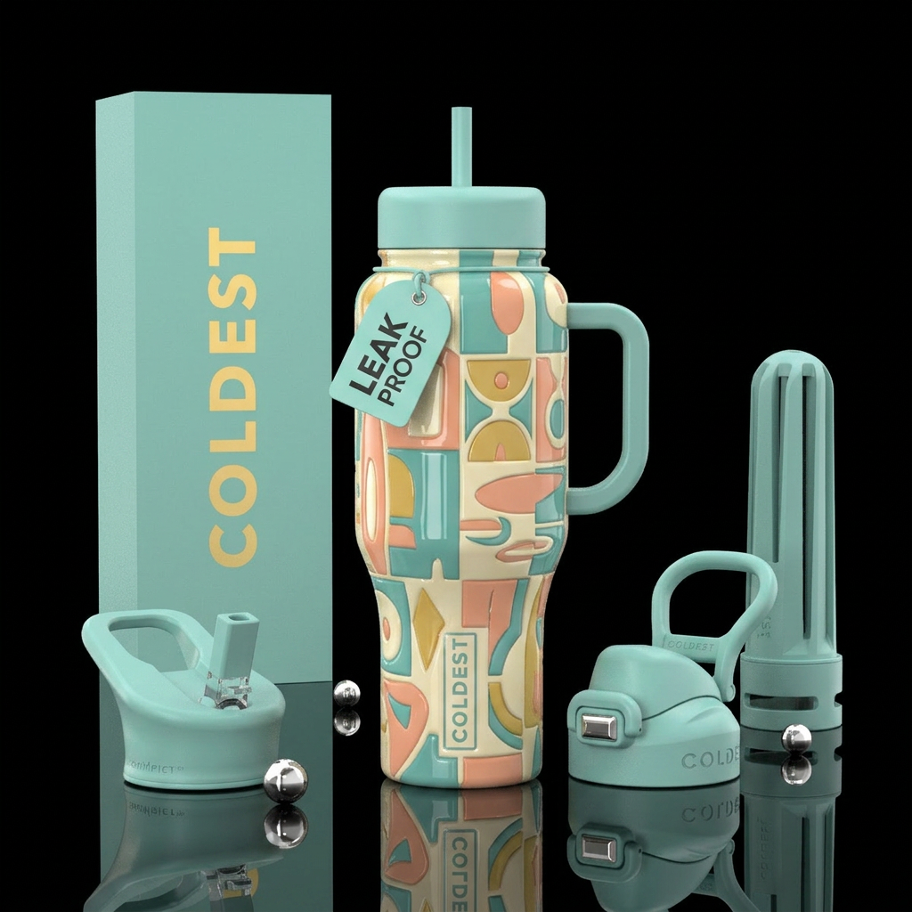 Glossy bottle with mid century modern style design... water bottle design