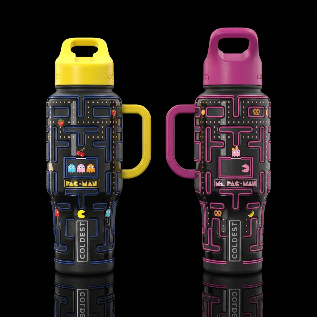 Glossy bottle with early pac man and Mrs. Pac man ... water bottle design