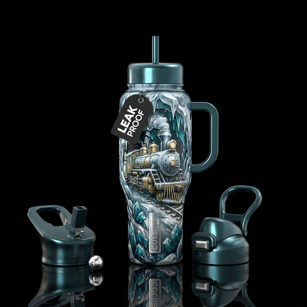 Glossy raised details textured manly icy steam eng... water bottle design