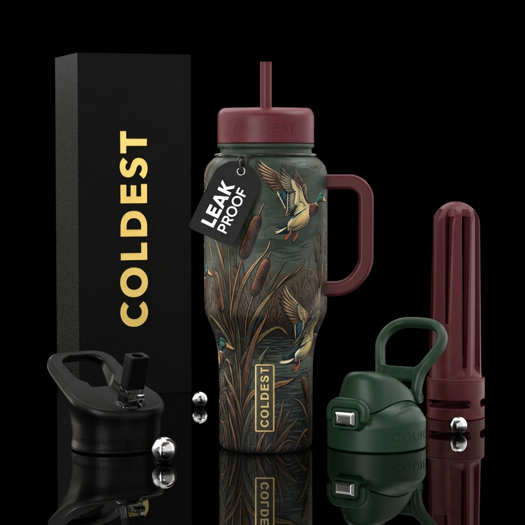 Muted toned bottle with textured cat tails with fl... water bottle design