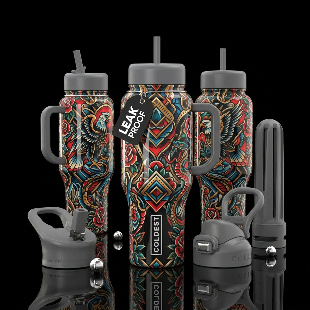 Glossy bottle with Modern tattoo style design with... water bottle design