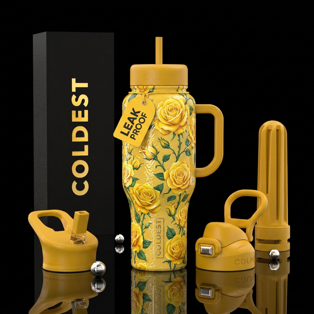 Glossy Cup with slightly raised texture with flori... water bottle design
