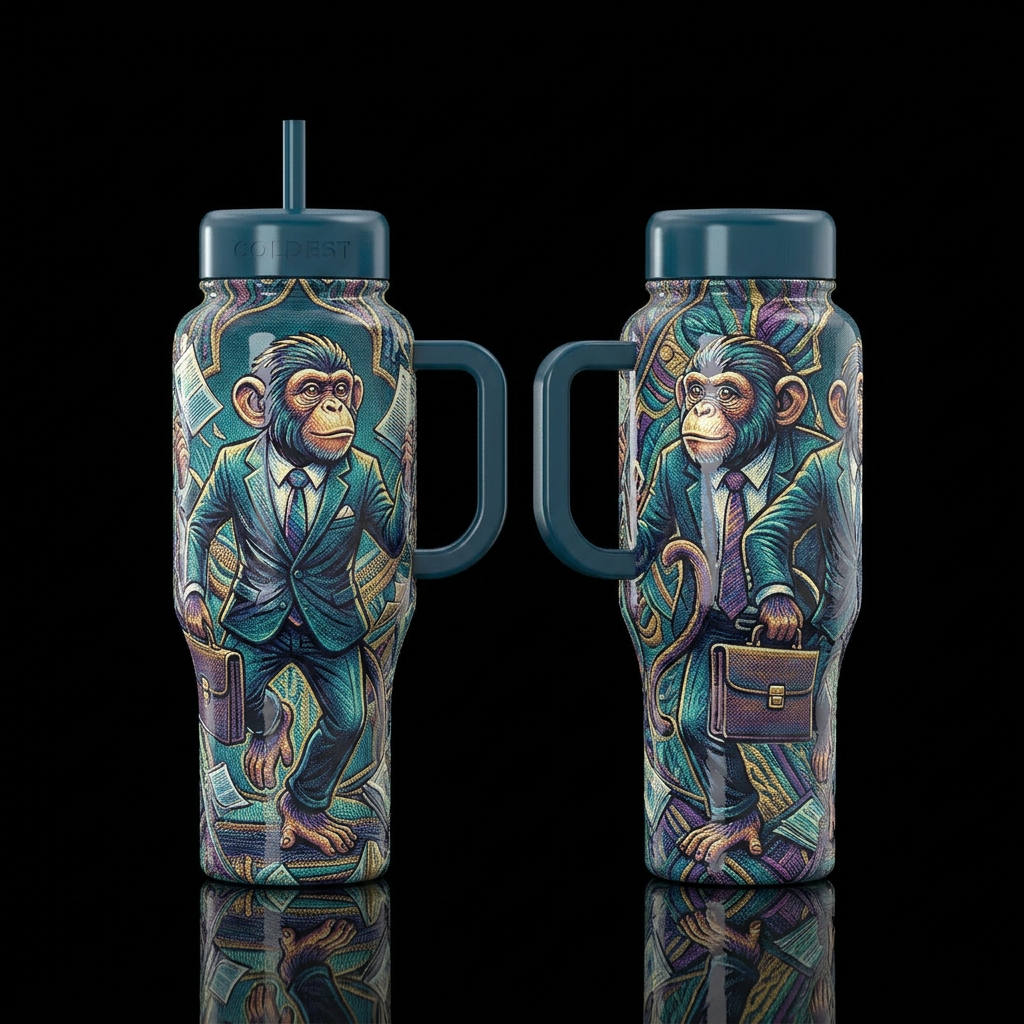 Glossy cup with slightly raised texture monkey in ... water bottle design