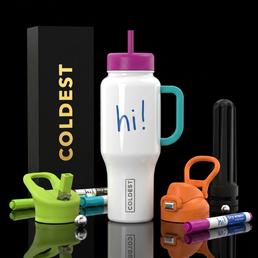 White glossy cup with with hi! Written in blue dry... water bottle design