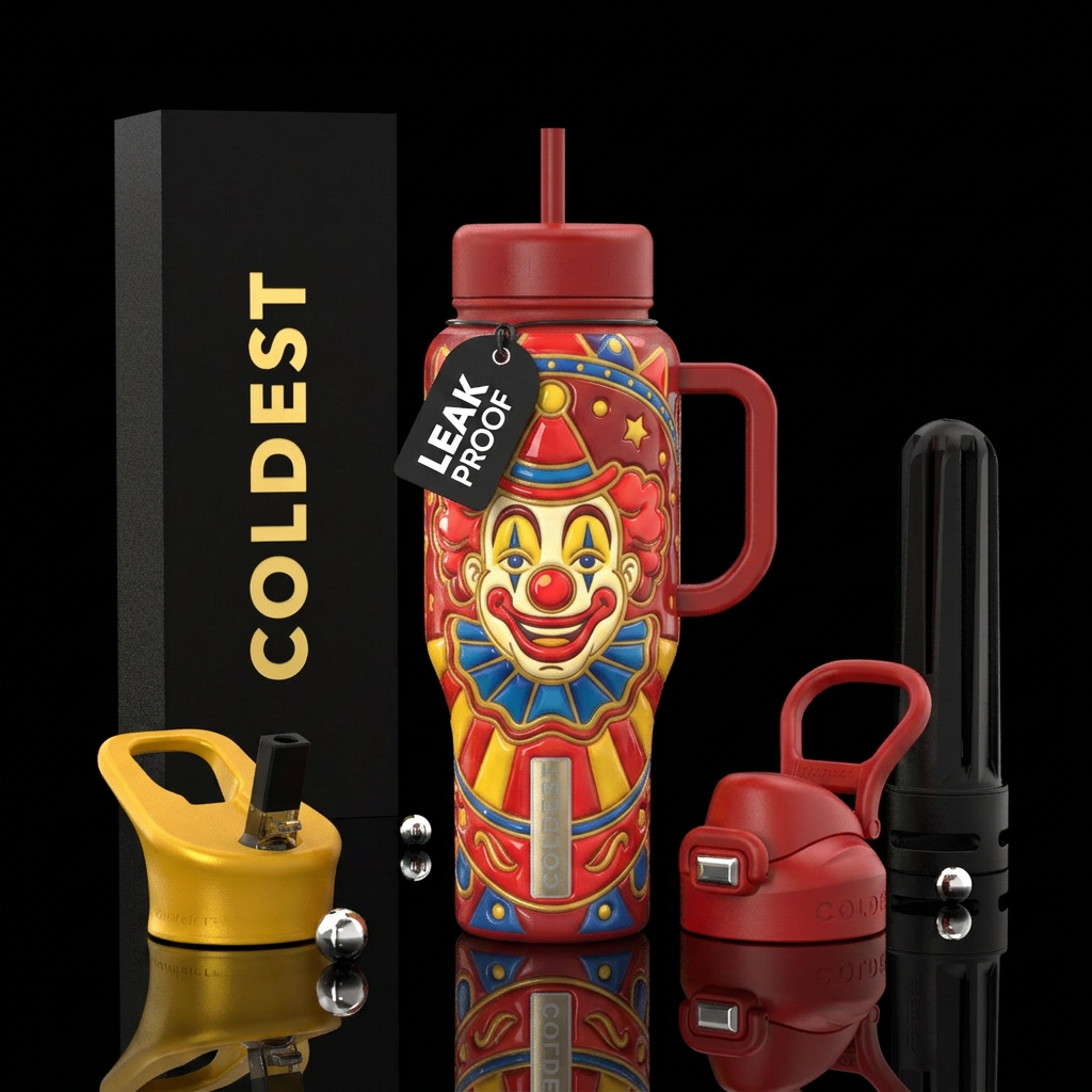 Glossy cup with slightly raised texture circus clo... water bottle design