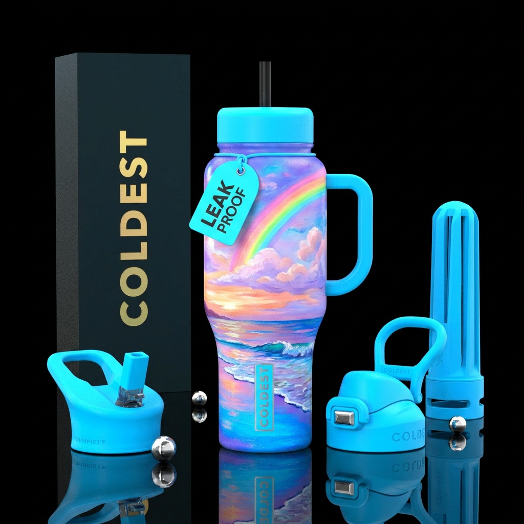 oil Painted Pastel sunset over the beach with half... water bottle design