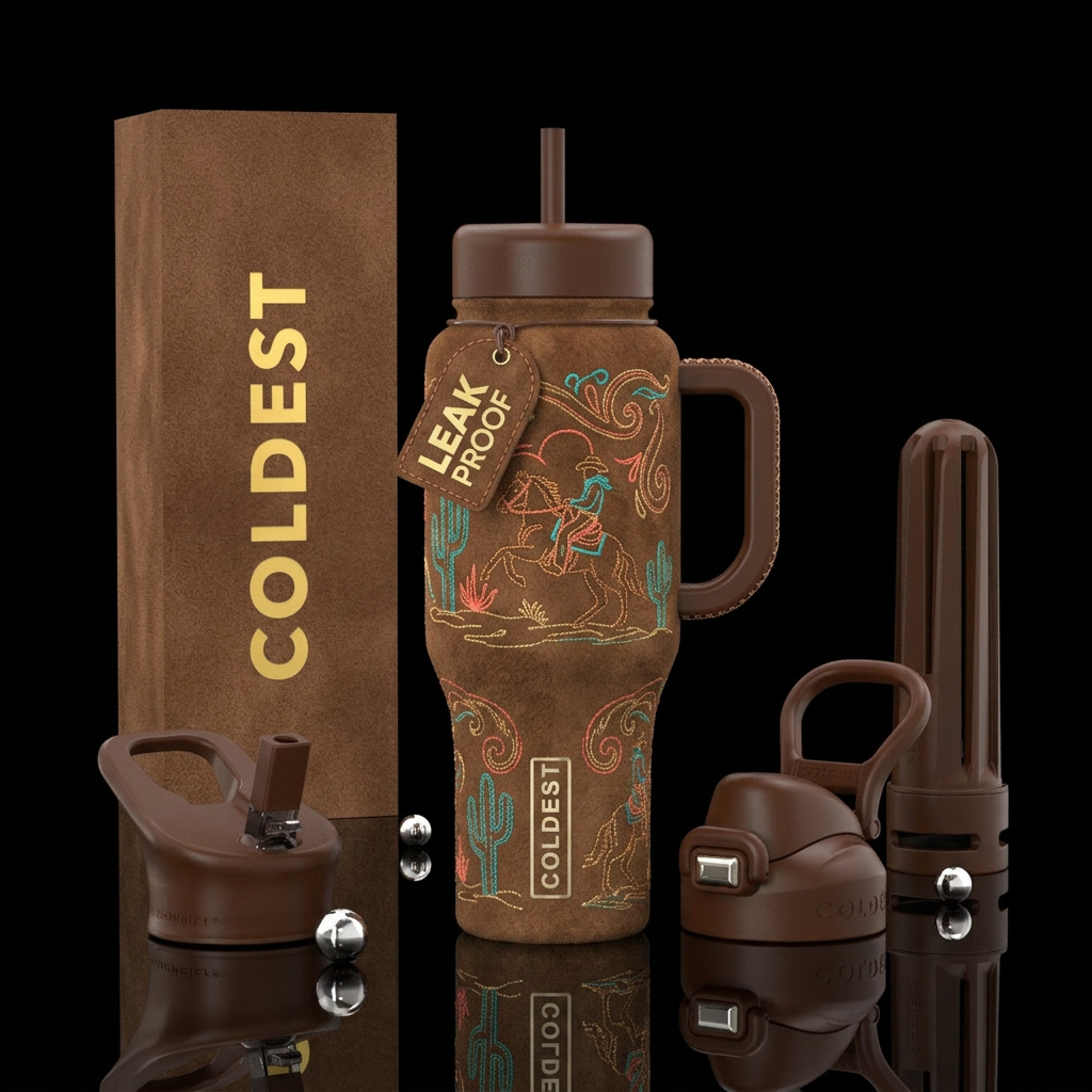Brown suede with stitched country design with matc... water bottle design
