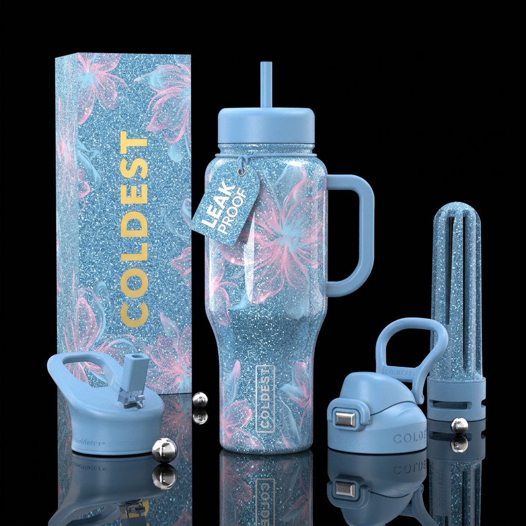 Sparkly powder blue glitter cup with faint wispy g... water bottle design