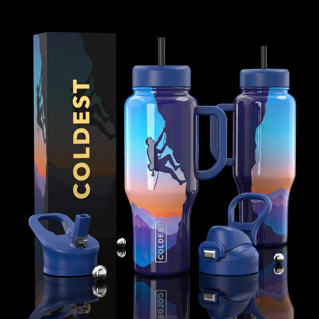 Glossy cup with slightly raised texture rock climb... water bottle design