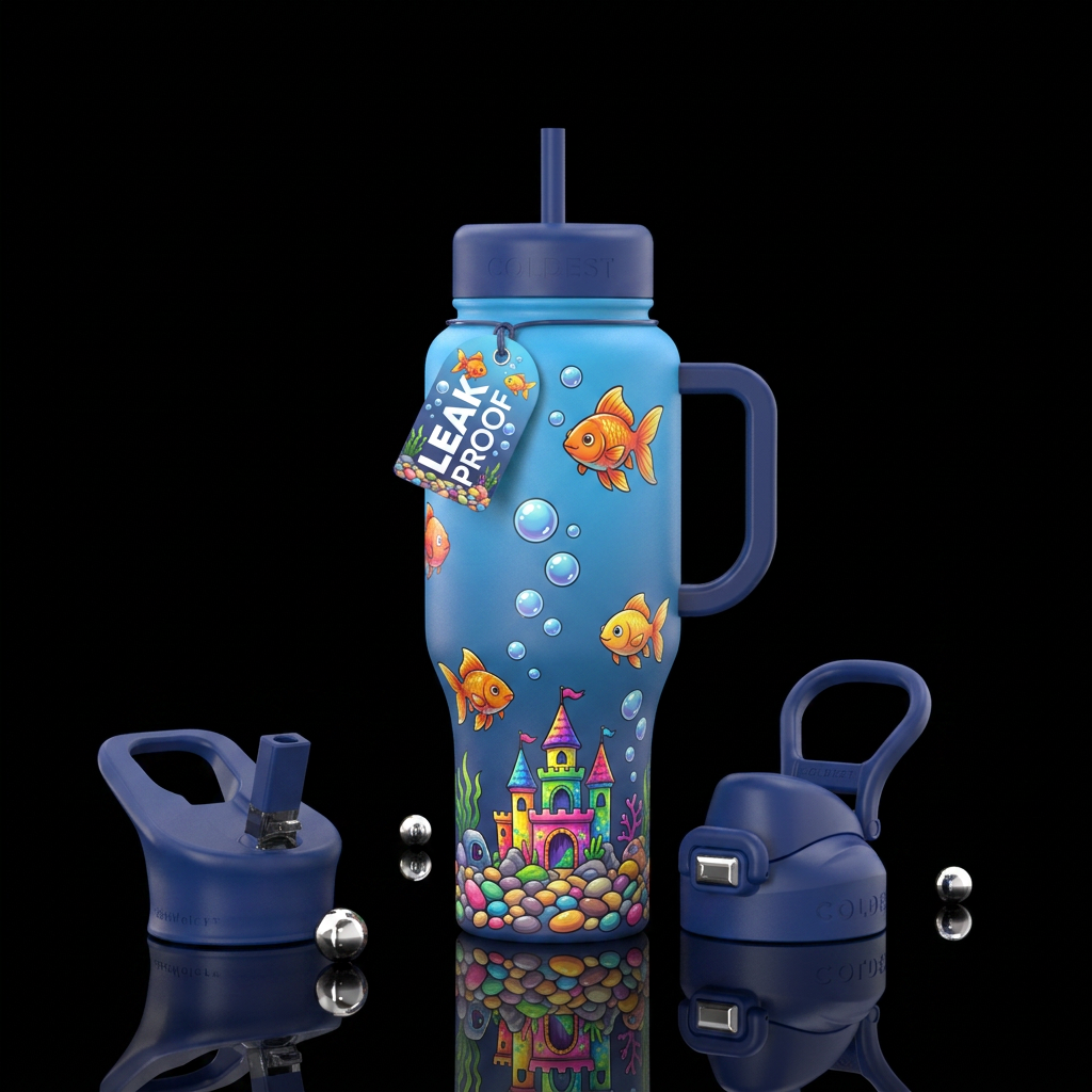 Matte blue ombre bottle with glossy designs colorf... water bottle design