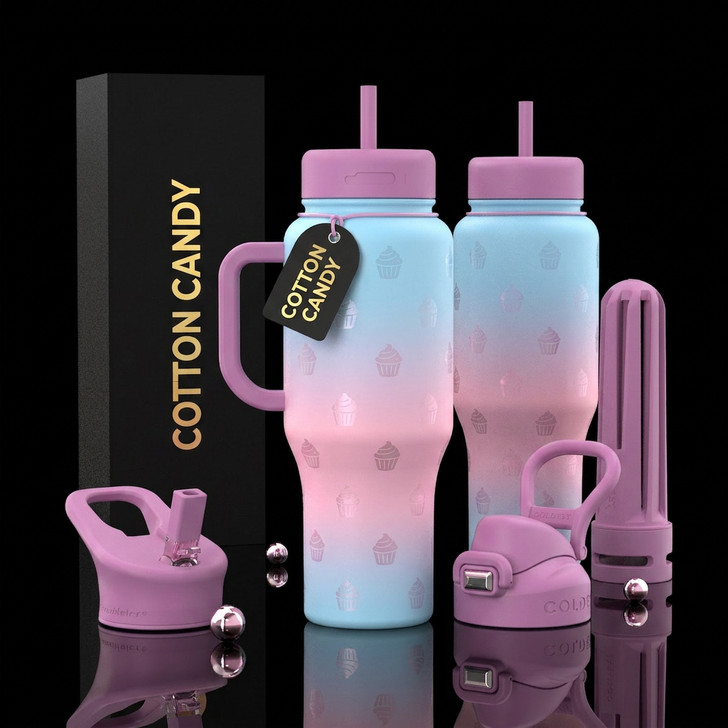 Matte ombre cotton candy bottle with glossy cupcak... water bottle design