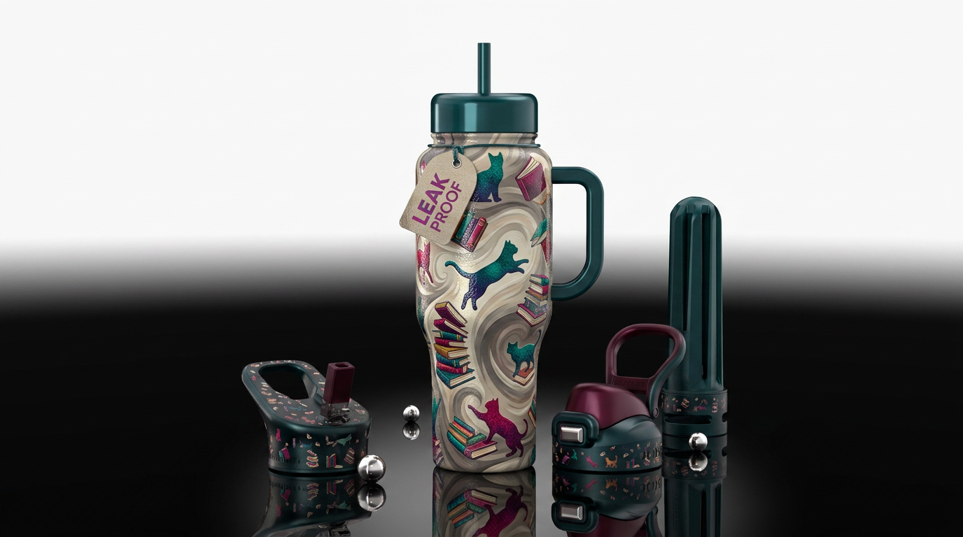 Neutral Toned swirly cup with textured glossy cats... water bottle design