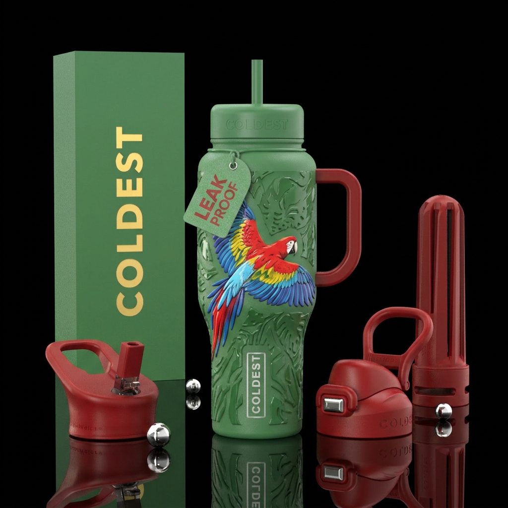 Matte green bottle with slightly raised glossy tex... water bottle design