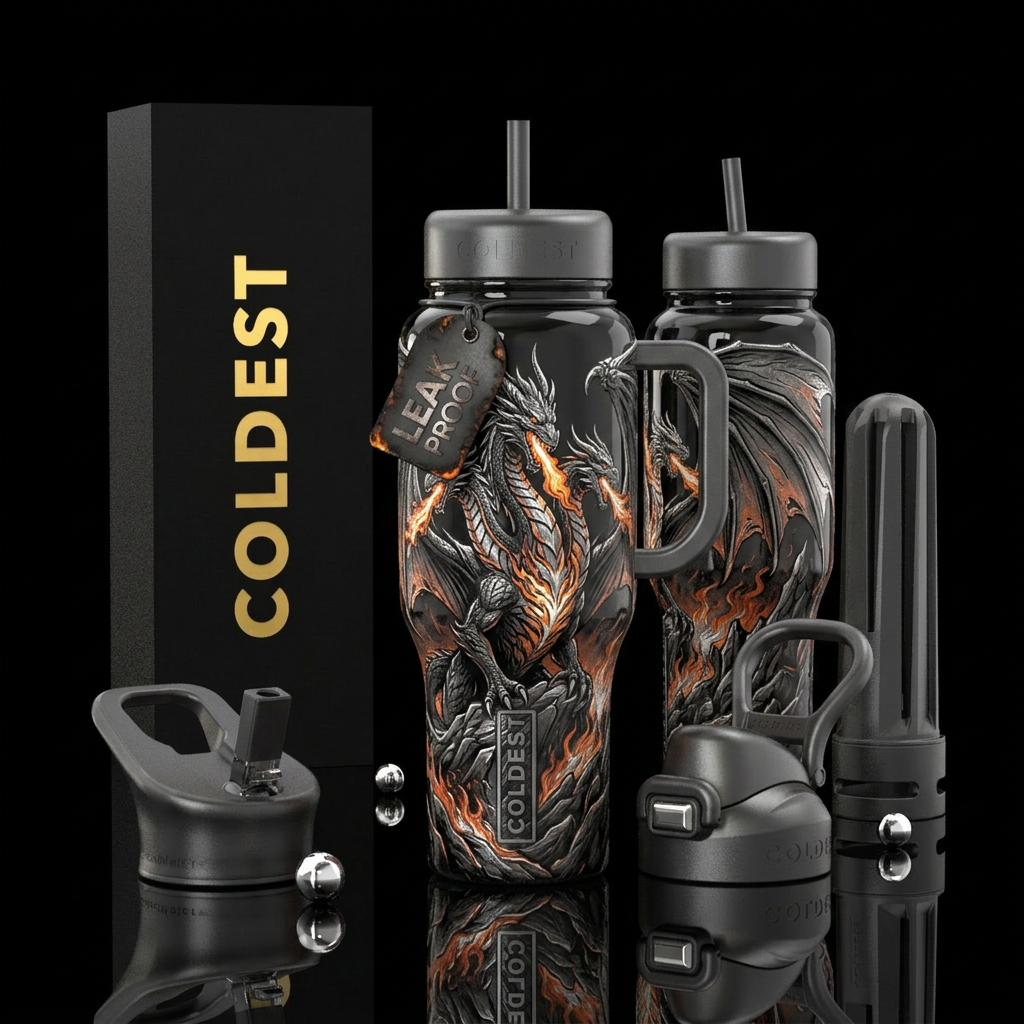 Glossy bottle with slightly raised texture black a... water bottle design