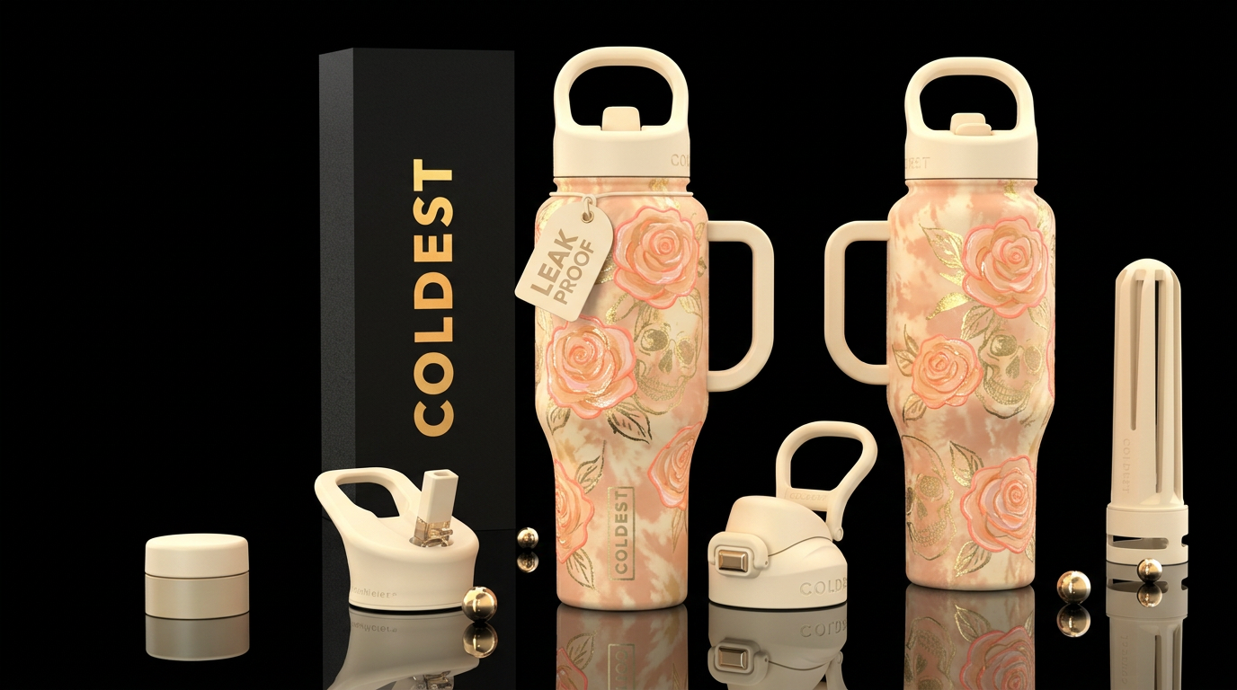 Matte peach cream gold leaf tye dye bottle with sl... water bottle design