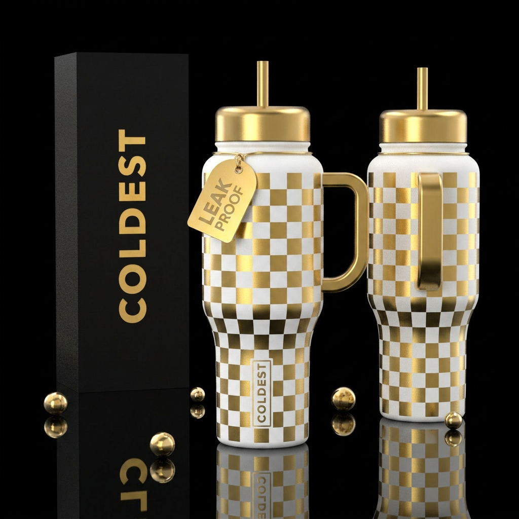 Matte white bottle with glossy golden checkers wit... water bottle design