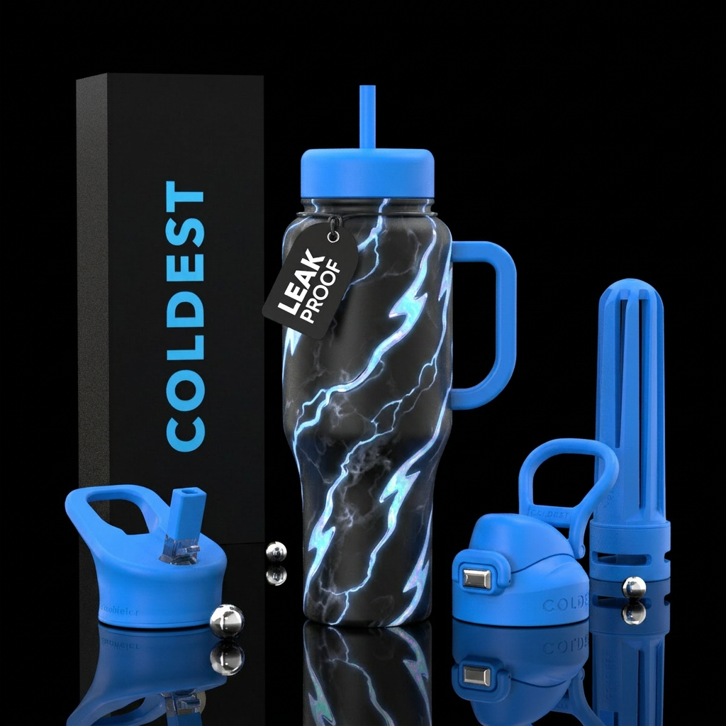 Matte black marble cup with glossy glowing opal li... water bottle design