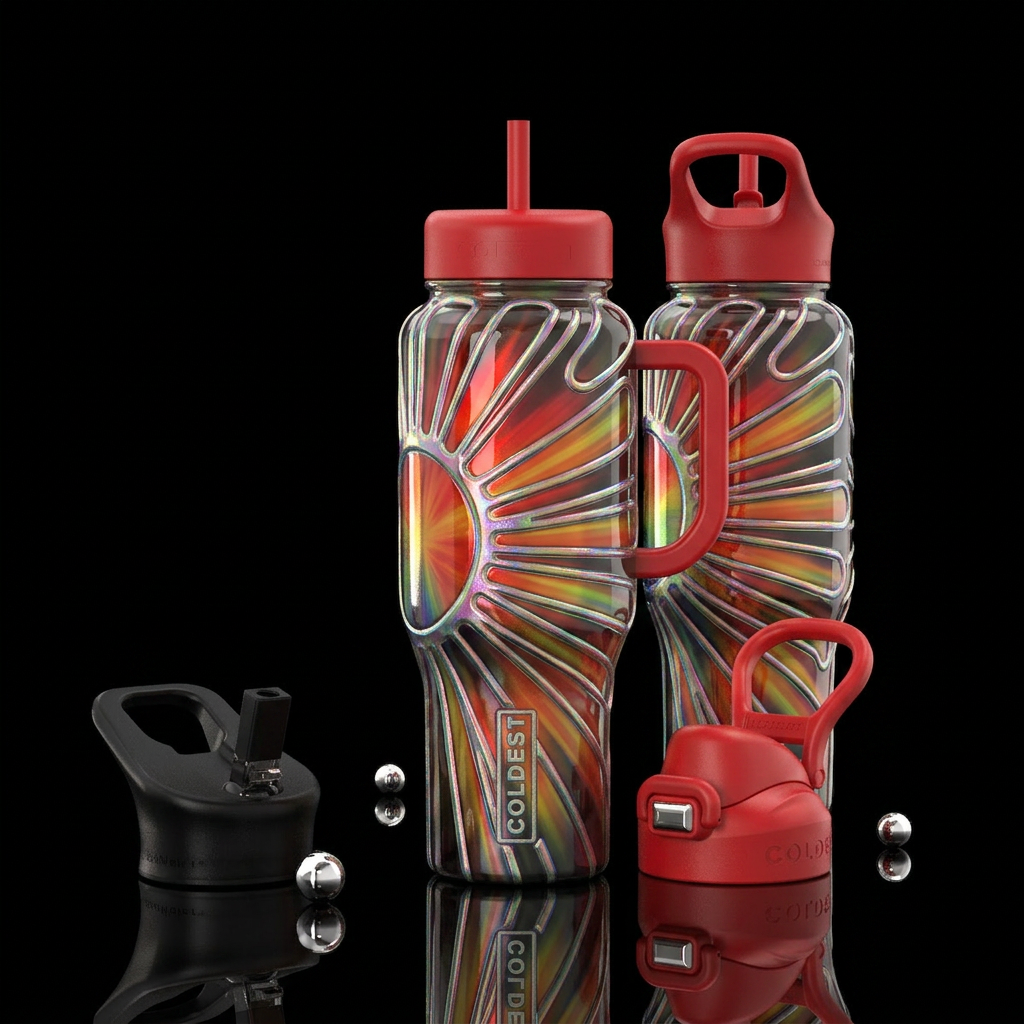 Glossy bottle with slightly raised textured outlin... water bottle design