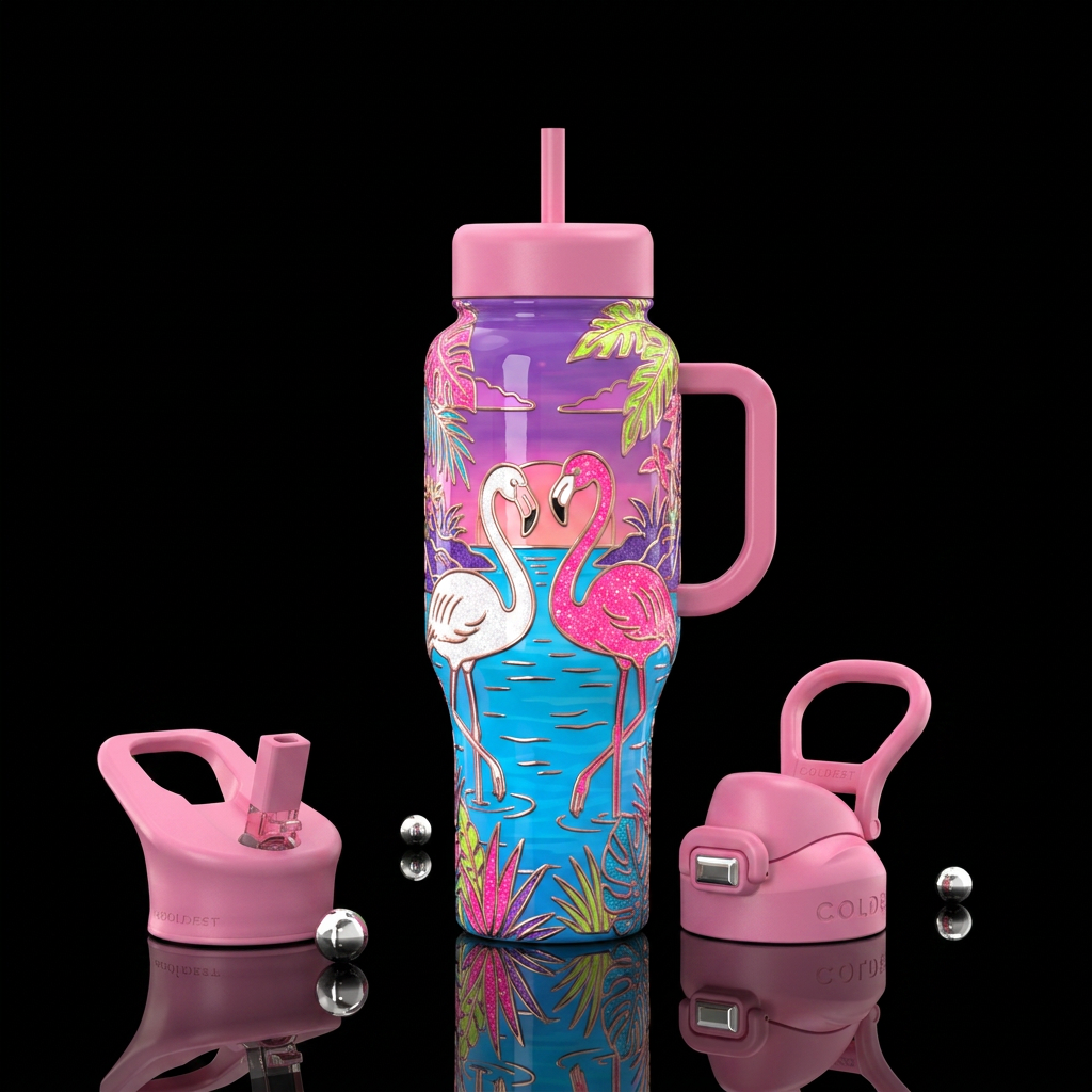 Glossy bottle slightly raised rose gold outlines w... water bottle design