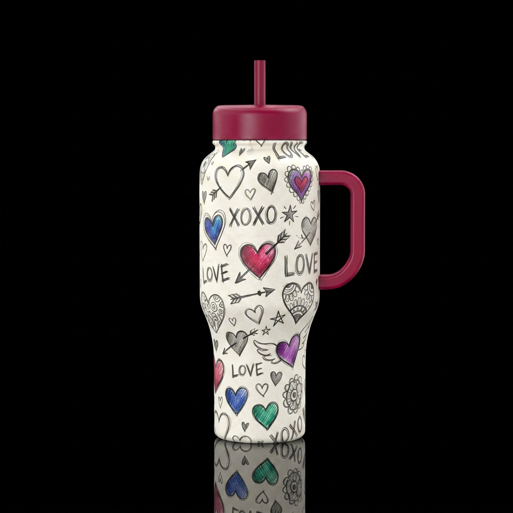 Messy cute love doodles drawn in pencil on copy pa... water bottle design