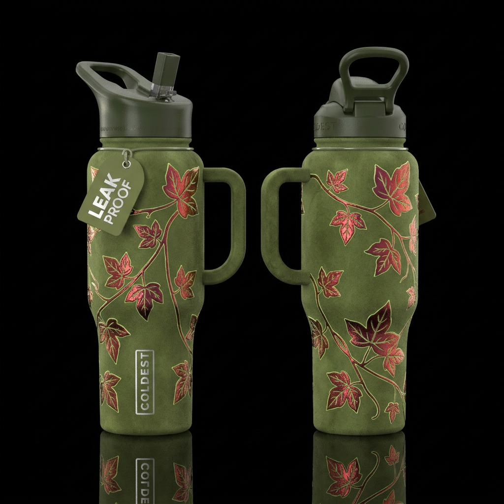 Olive Green sued with Florescent outline iridescen... water bottle design