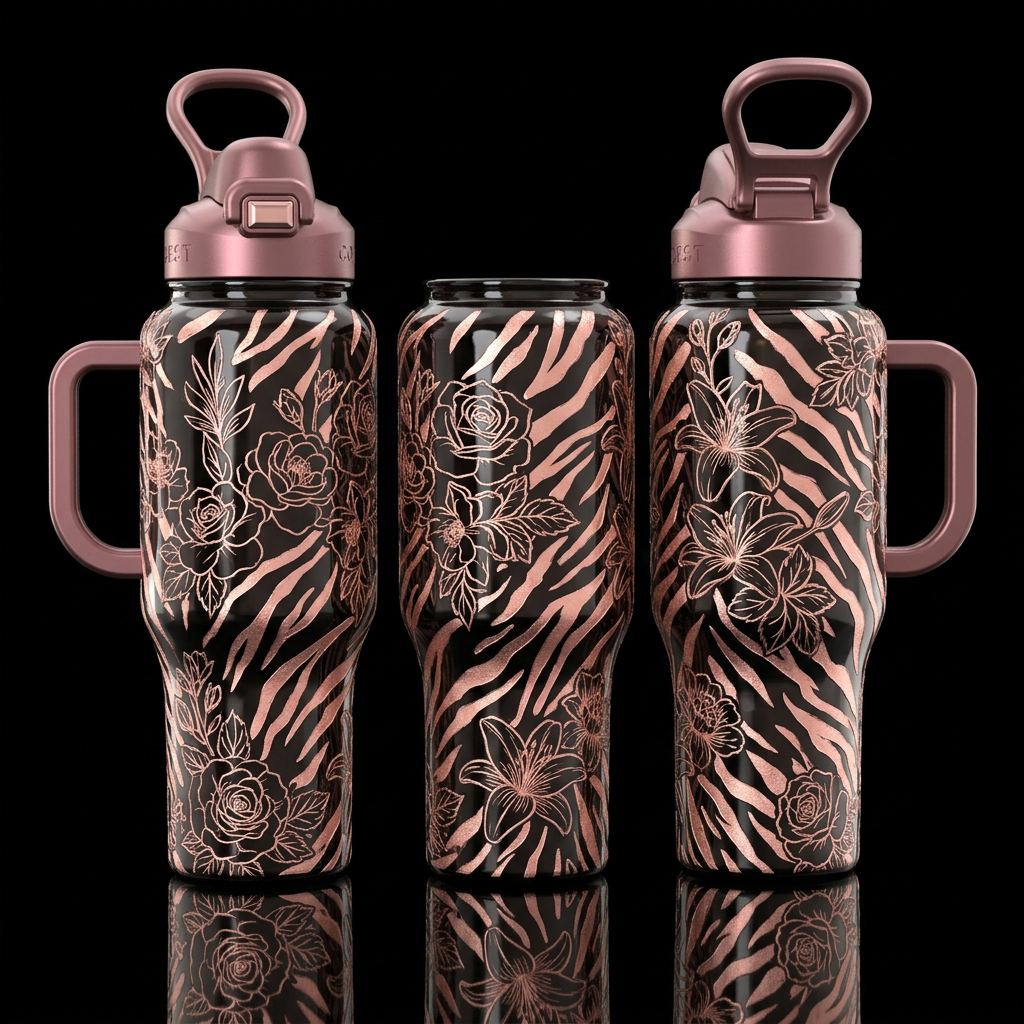Glossy bottle with slightly raised texture rose go... water bottle design