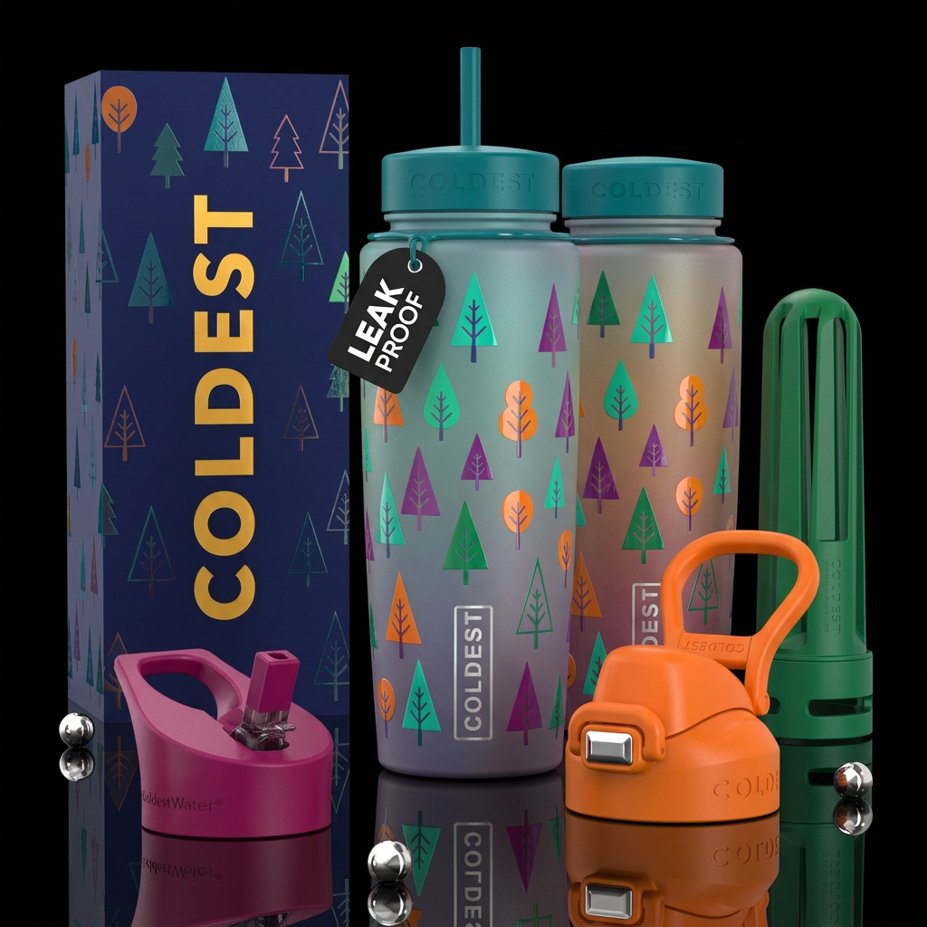 Matte bottle with simple glossy colorful trees wit... water bottle design