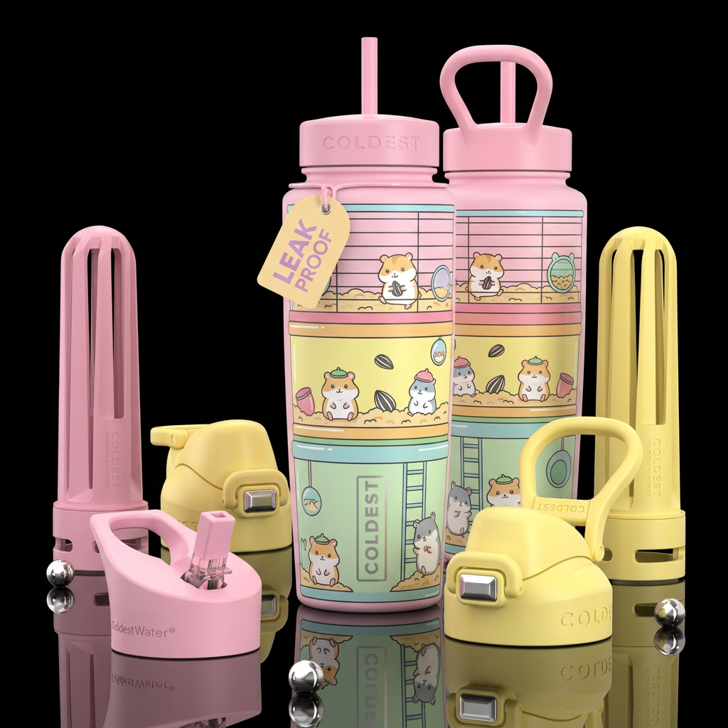 Matte hamster cage bottle with cute glossy hampste... water bottle design