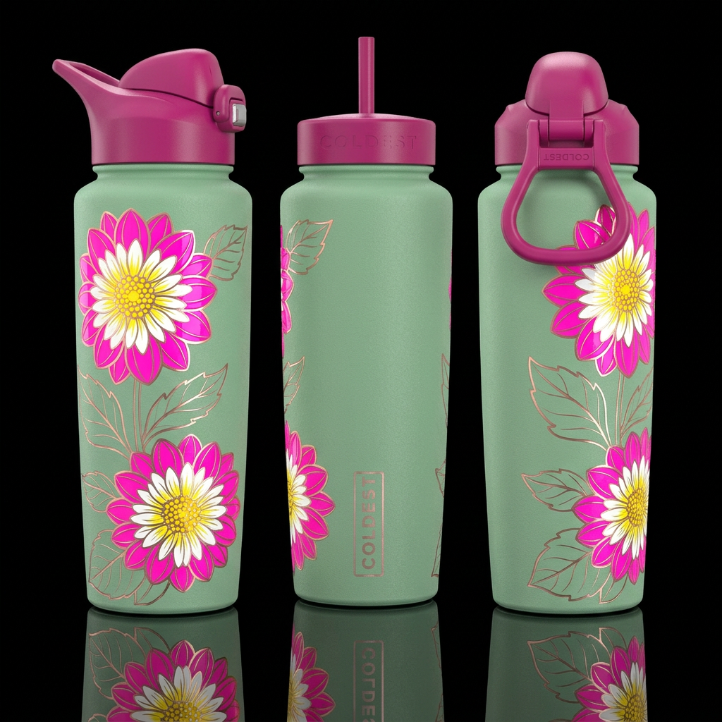 Matte soft green florishing textured pattern and r... water bottle design