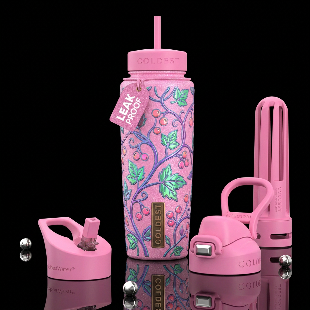 Girly Matte bright light pink glitter bottle with ... water bottle design
